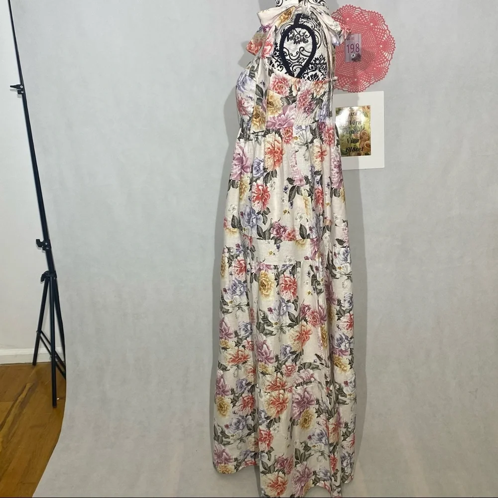 House of Harlow 1960 NWT Linen Blend Floral Adjustable Tie Maxi Dress Size Large - Picture 3 of 16